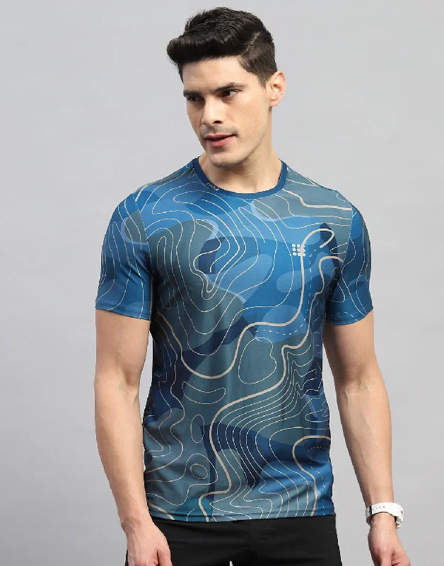 Men Blue Printed Round Neck Half Sleeve T-Shirt