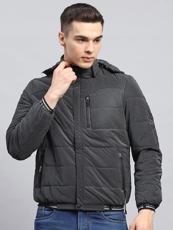 Men's modern trench coat-Men Grey Self Design Detachable Hood Full Sleeve Jacket