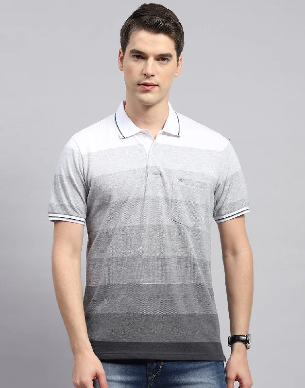 Men Grey Stripe Polo Collar Half Sleeve T-Shirt