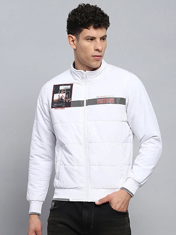 Men's comfortable field jacket-Men White Printed Mock Neck Full Sleeve Jacket