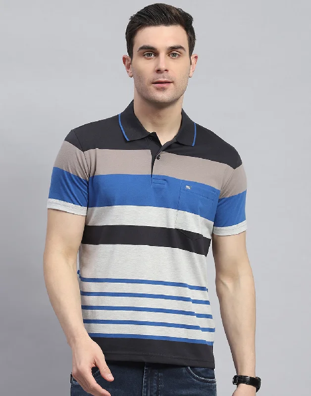 Men Blue Stripe Polo Collar Half Sleeve T-Shirt