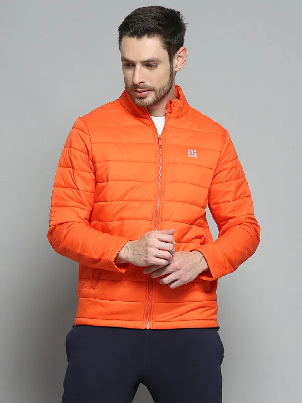 Men's gym-ready raincoat-Men Orange Solid Mock Neck Full Sleeve Jacket