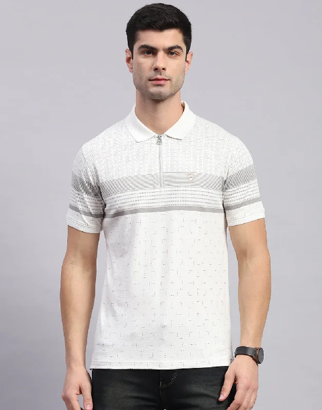 Men White Stripe Polo Collar Half Sleeve T-Shirt