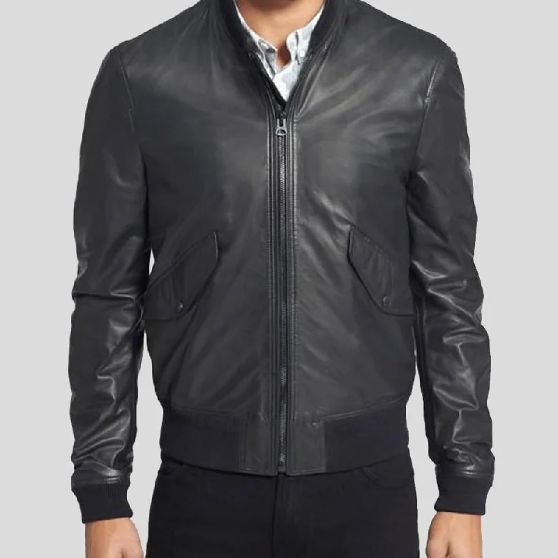 Men's summer bomber jacket-Lymo Black Bomber Leather Jacket