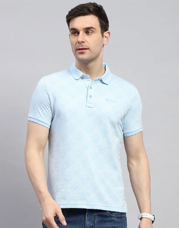 Men Blue Printed Polo Collar Half Sleeve T-Shirt