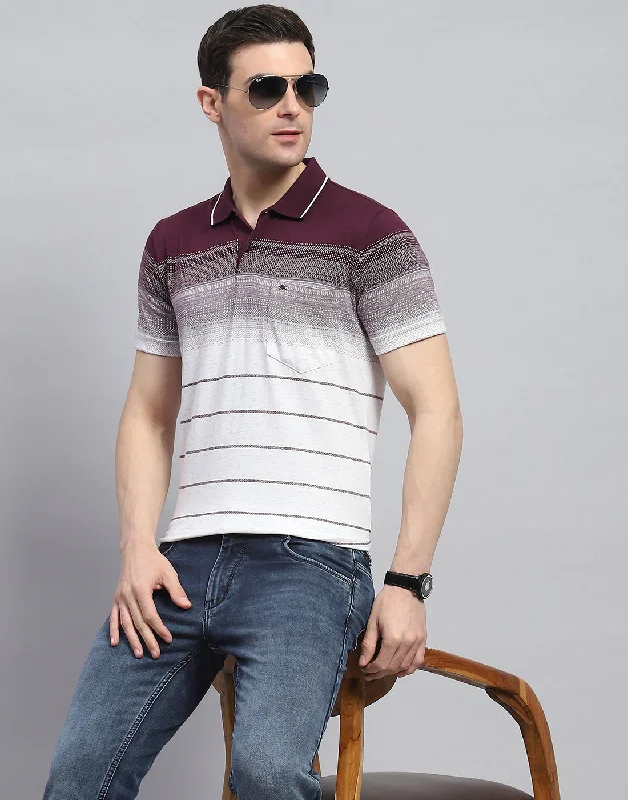 Men Maroon Stripe Polo Collar Half Sleeve T-Shirt