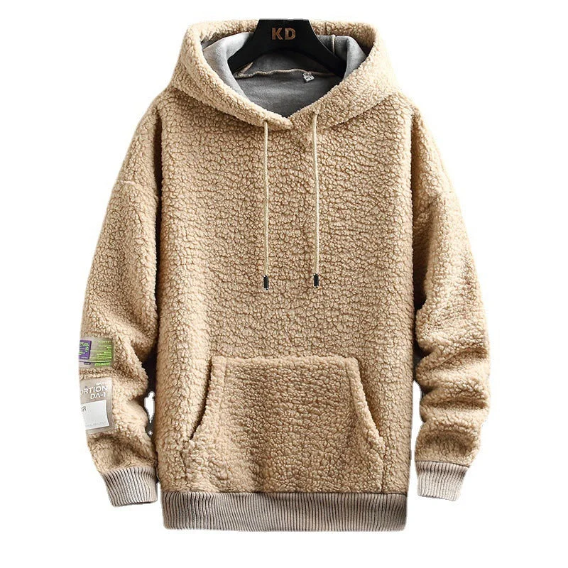 Men's plain hoodie-Men's Hooded Drawstring Pocket Lamb Wool Sweatshirt Velvet Padded Thickened Coat