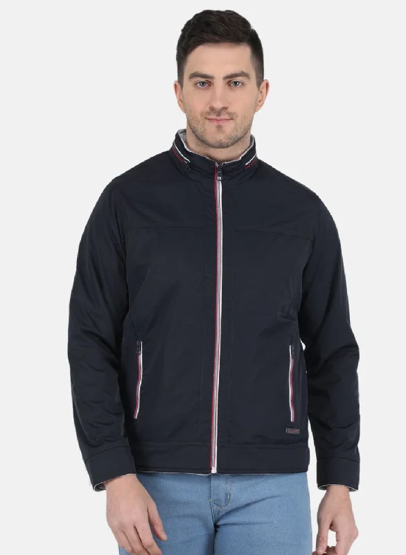 Men's adventure-ready bomber jacket-Men NAvy Blue Solid Jacket