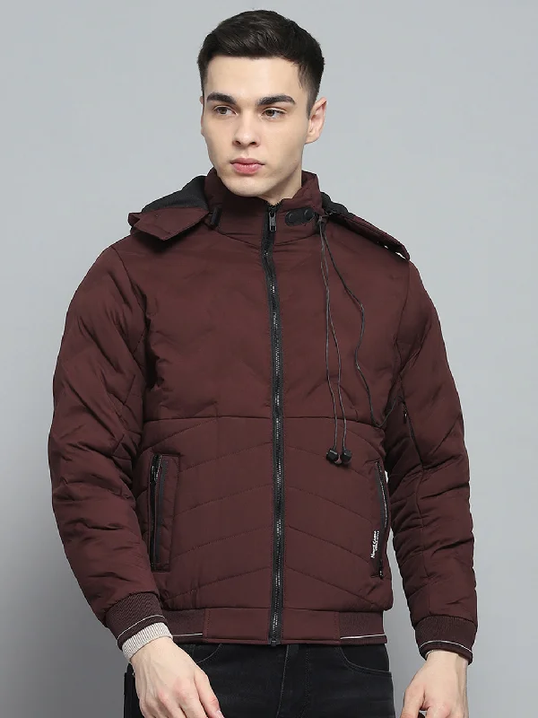 Men's comfortable field jacket-Men Maroon Solid Detachable Hood Full Sleeve Jacket