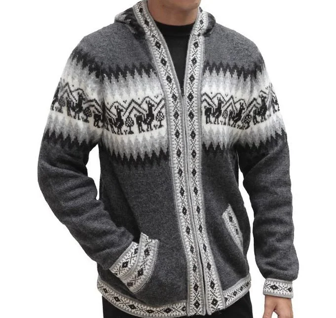 Men's organic cotton hoodie-Mens Little Llamas Hooded Sweater Alpaca Wool Knitted Jacket Hoodie