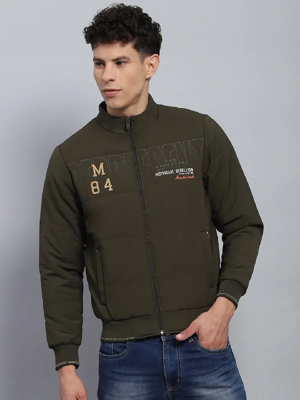 Men's tech-inspired fleece jacket-Men Olive Printed Mock Neck Full Sleeve Jacket