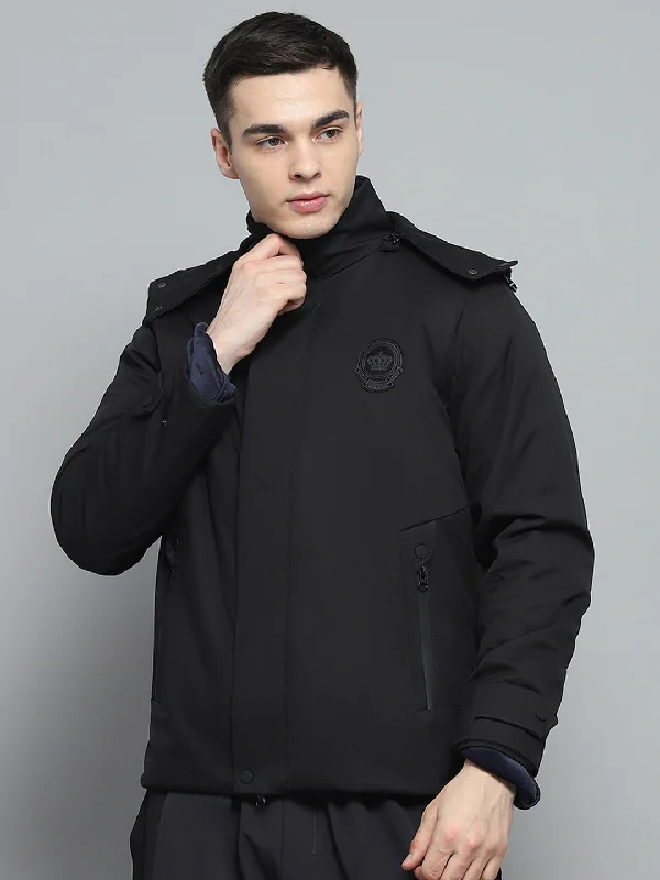 Men's sustainable field coat-Men Black Solid Detachable Hood Full Sleeve Jacket