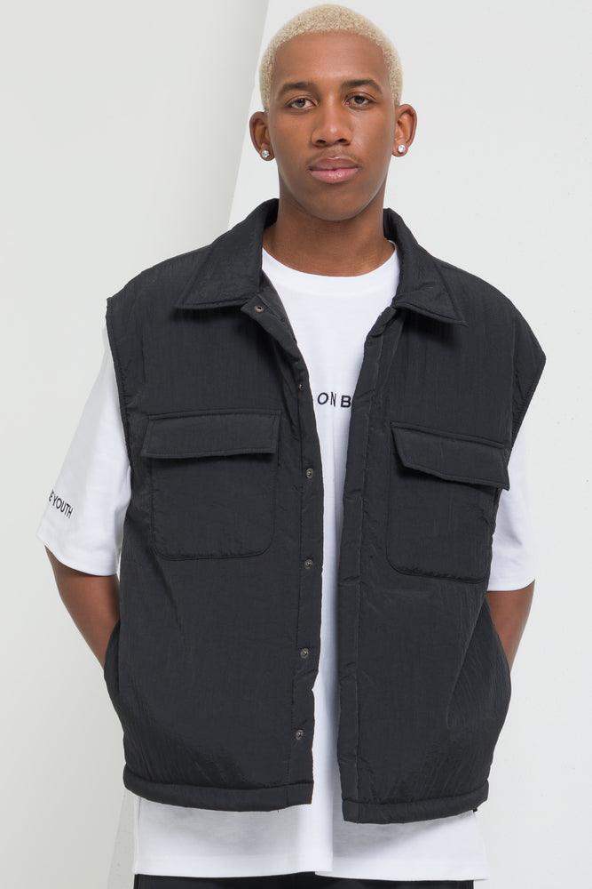 Men's performance leather jacket-Sleeveless Lightweight Puffer Black