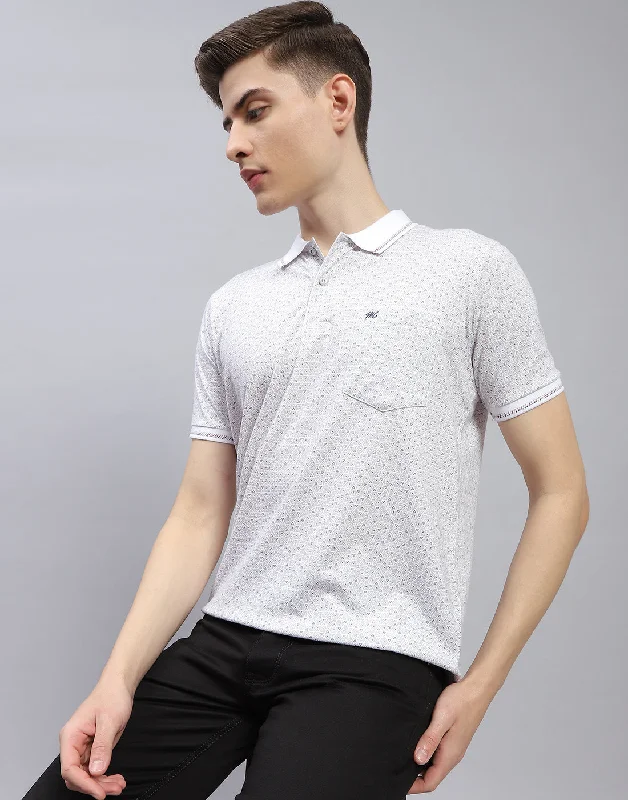 Men White Printed Polo Collar Half Sleeve T-Shirt