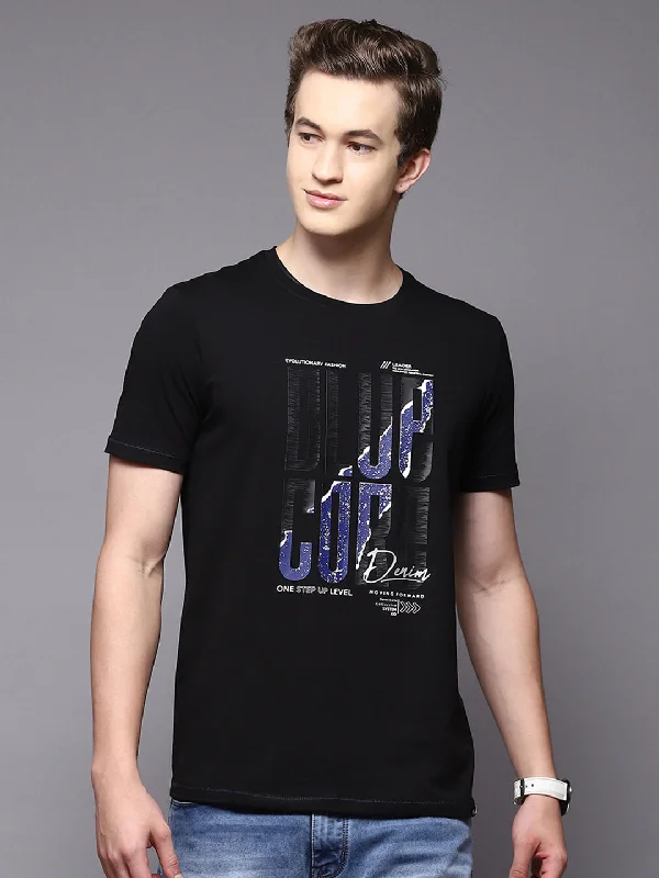 Men Black Printed Round Neck Half Sleeve T-Shirts