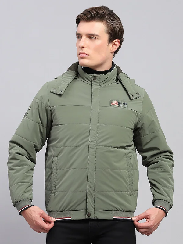 Men's high-stretch fleece jacket-Men Olive Solid Detachable Hood Full Sleeve Jacket