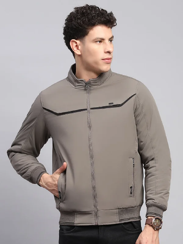 Men's performance field jacket-Men Grey Solid Mock Neck Full Sleeve Jacket