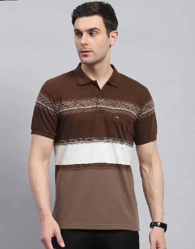 Men Brown Stripe Polo Collar Half Sleeve T-Shirt