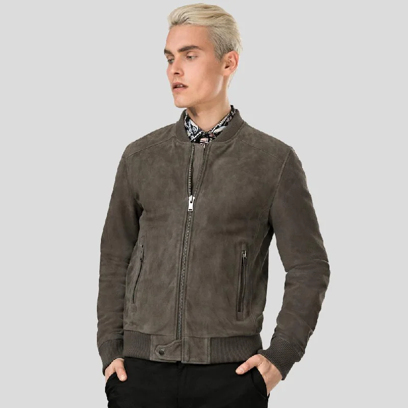 Men's comfortable leather jacket-Zord Grey Suede Bomber Leather Jacket