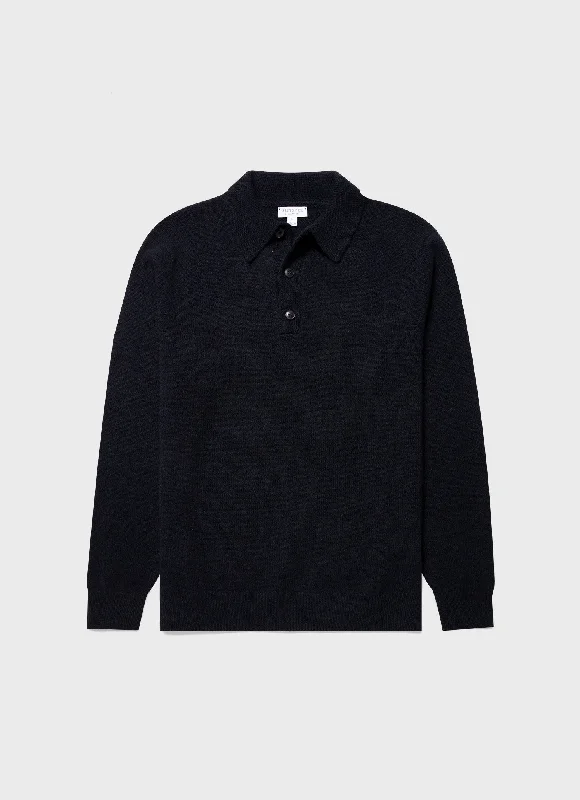 Men's cotton polo shirt-Men's Lambswool Polo Shirt in Dark Navy Mouline