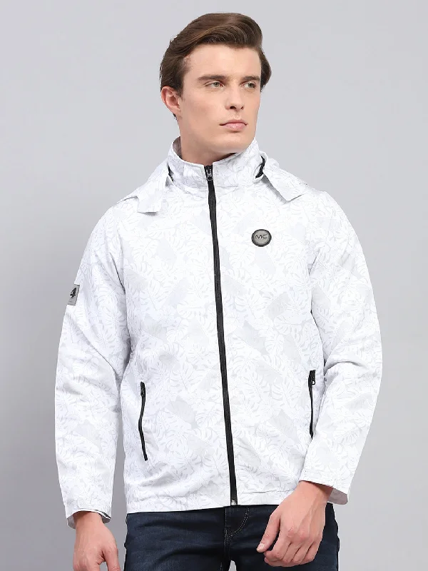 Men's performance travel jacket-Men White Printed Detachable Hood Full Sleeve Jacket