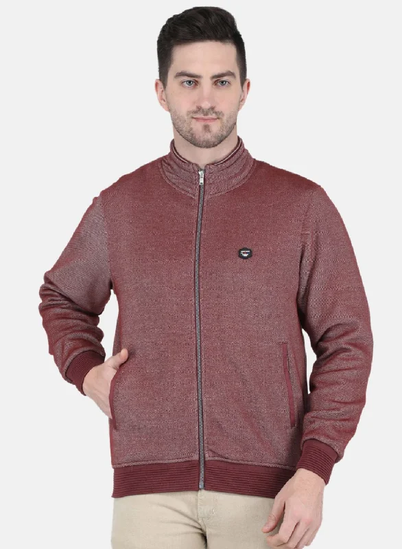 Men's sporty running jacket-Men Maroon Jaquard Full Sleeve Collar Jacket