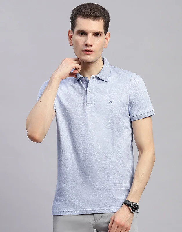 Men Sky Blue Solid Polo Collar Half Sleeve T-Shirt