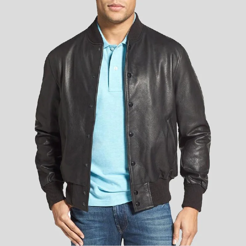 Men's breathable casual jacket-Rico Black Bomber Leather Jacket