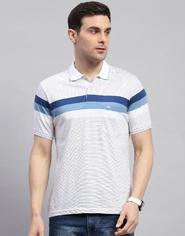 Men Off White Stripe Polo Collar Half Sleeve T-Shirt