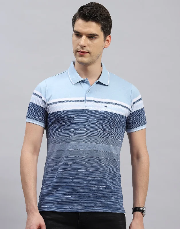 Men Sky Blue Stripe Polo Collar Half Sleeve T-Shirt