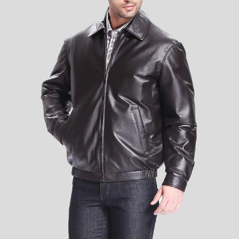 Men's pre-shrunk trench coat-Shaw Black Bomber Leather Jacket