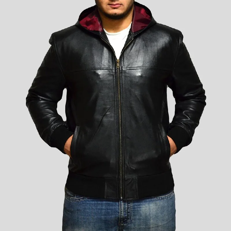 Men's fashion-forward trench coat-Shane Black Bomber Leather Jacket Hooded