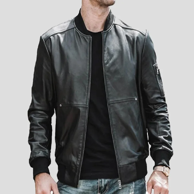 Men's functional anorak-Fritz Black Bomber Leather Jacket