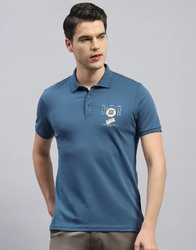 Men Teal Blue Printed Polo Collar Half Sleeve T-Shirt