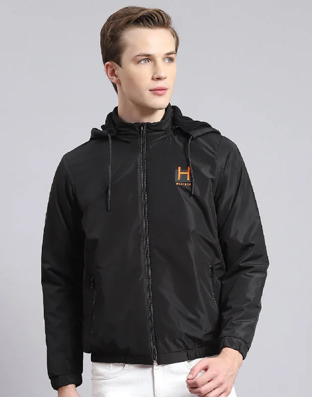 Men's fashion-forward field coat-Men Black Solid Hooded Full Sleeve Jacket