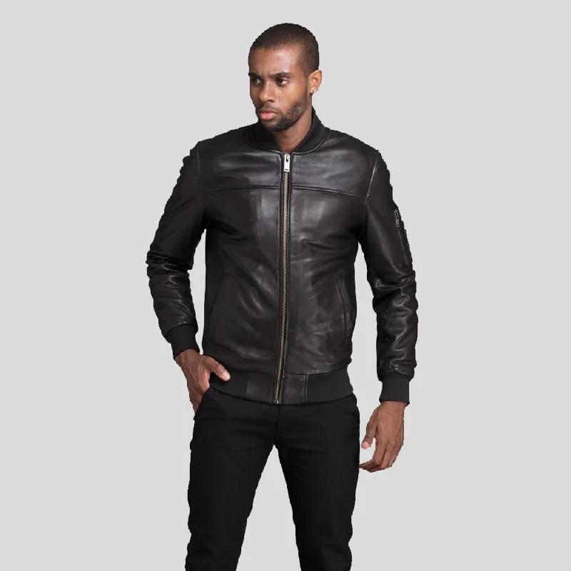 Men's comfortable field jacket-Kyros Black Bomber Genuine Leather Jacket