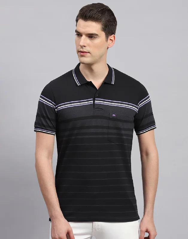 Men Black Stripe Collar Neck Half Sleeve T-Shirt