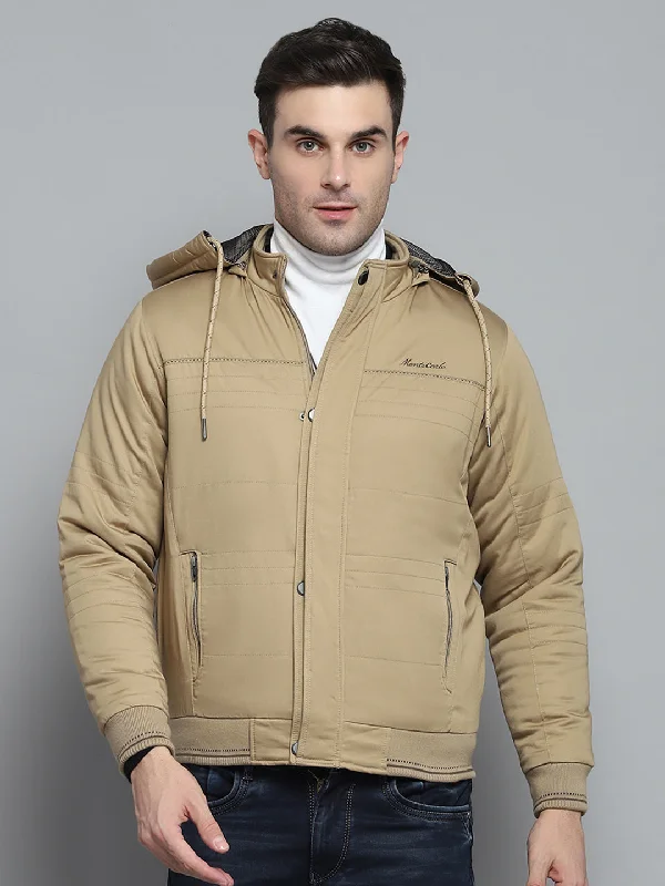 Men's ultra-comfortable field jacket-Men Brown Solid Detachable Hood Full Sleeve Jacket