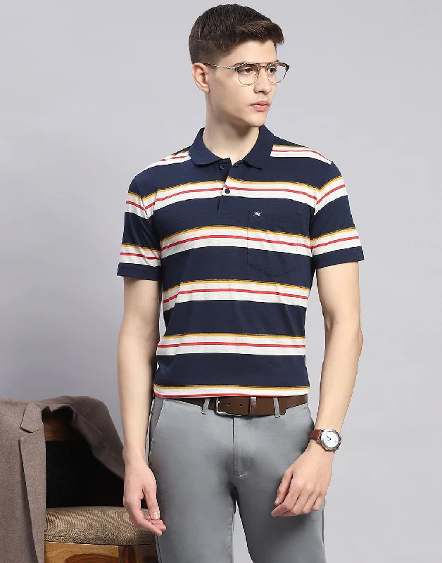 Men Navy Blue Stripe Polo Collar Half Sleeve T-Shirt