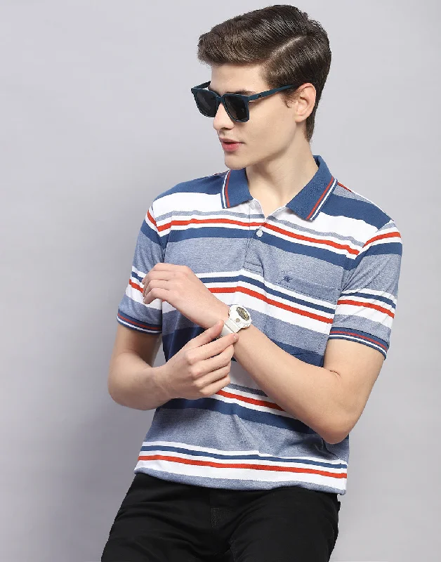 Men Blue Stripe Polo Collar Half Sleeve T-Shirt