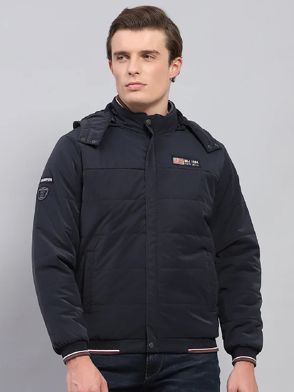 Men's sporty bomber jacket-Men Navy Blue Solid Detachable Hood Full Sleeve Jacket