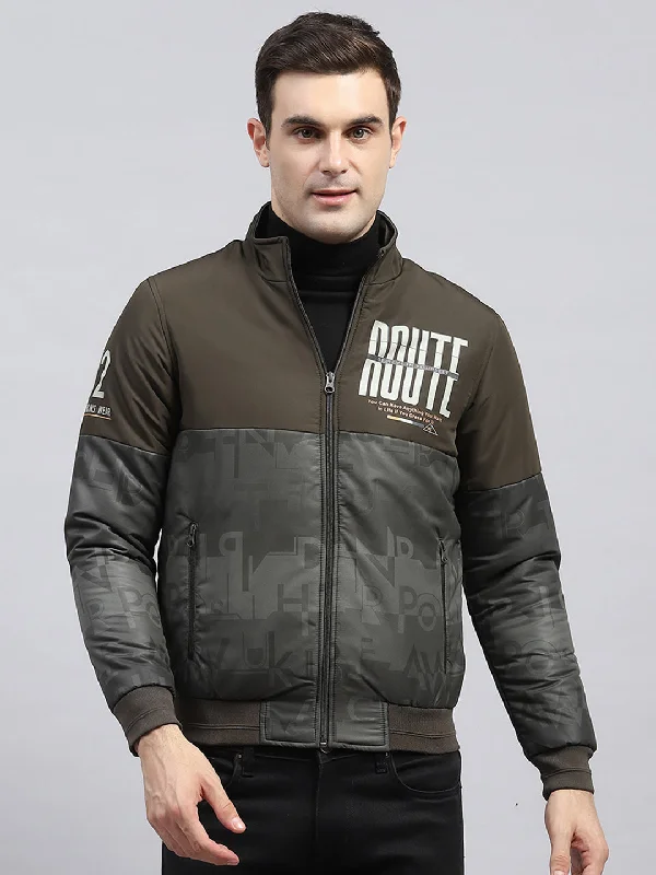 Men's sporty utility jacket-Men Olive Printed Mock Neck Full Sleeve Jacket