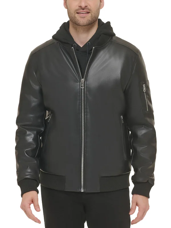 Men's lightweight utility jacket-Mens Faux Leather Bomber Jacket