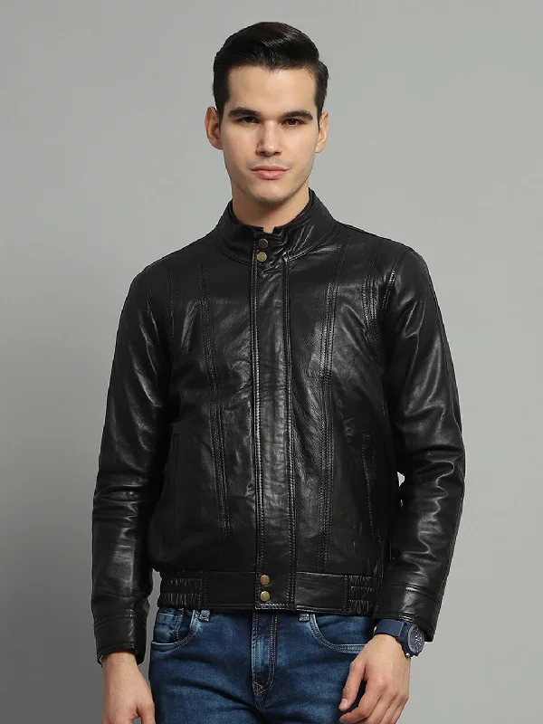 Men's non-iron bomber jacket-Men Black Solid Mock Neck Full Sleeve Jacket