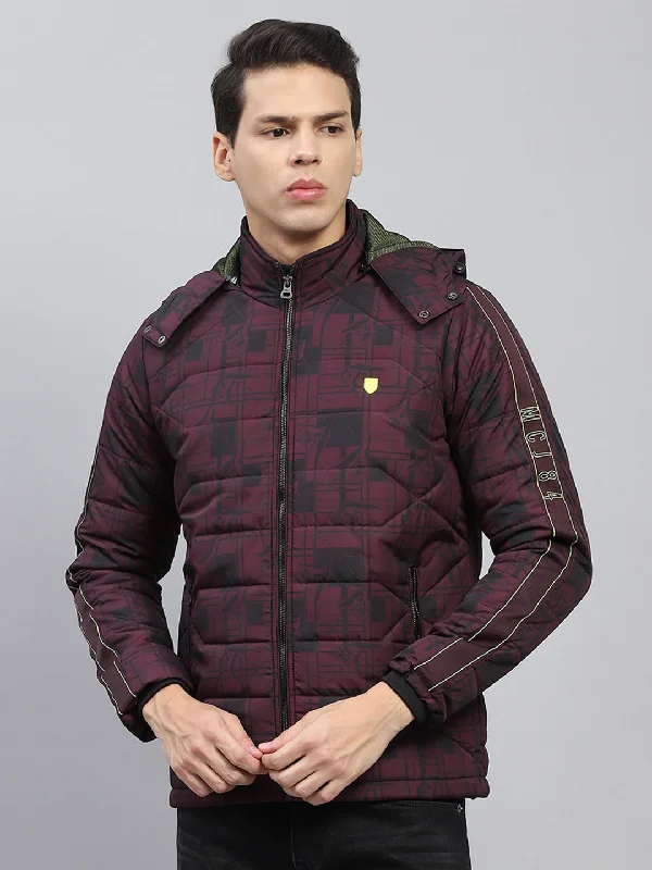 Men's sustainable puffer coat-Men Maroon Printed Detachable Hood Full Sleeve Jacket