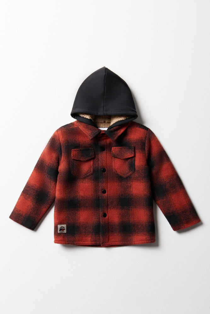 Men's eco-conscious utility coat-Check Hooded Shacket Black