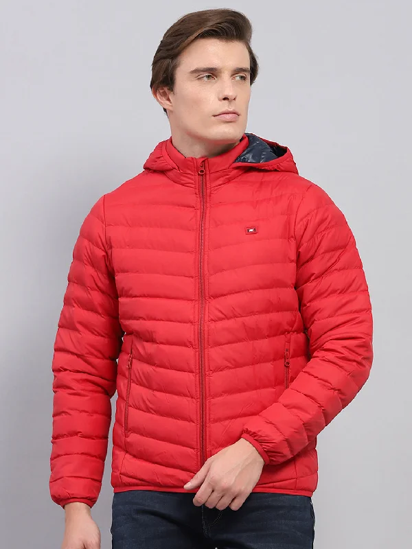 Men's organic utility jacket-Men Red Solid Detachable Hood Full Sleeve Jacket