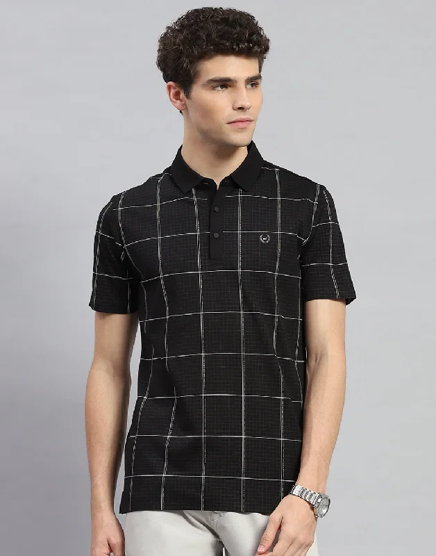 Men Black Check Polo Collar Half Sleeve T-Shirt