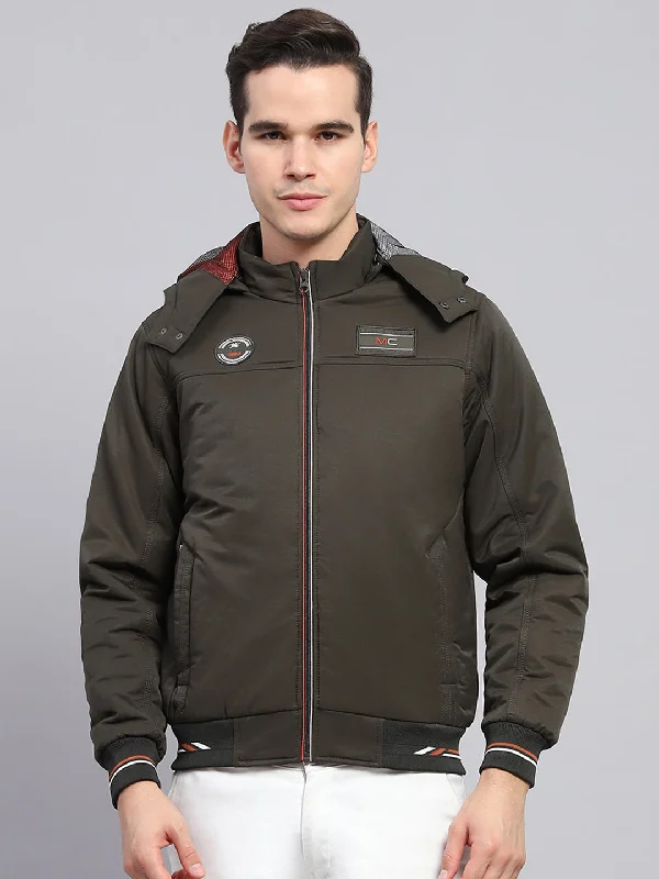 Men's adventure-ready bomber jacket-Men Olive Solid Detachable Hood Full Sleeve Jacket