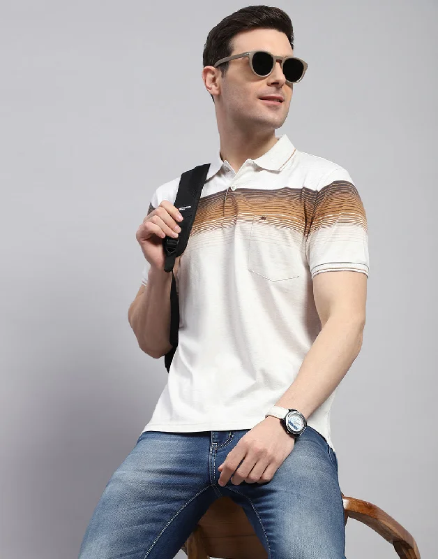 Men Brown Stripe Polo Collar Half Sleeve T-Shirt